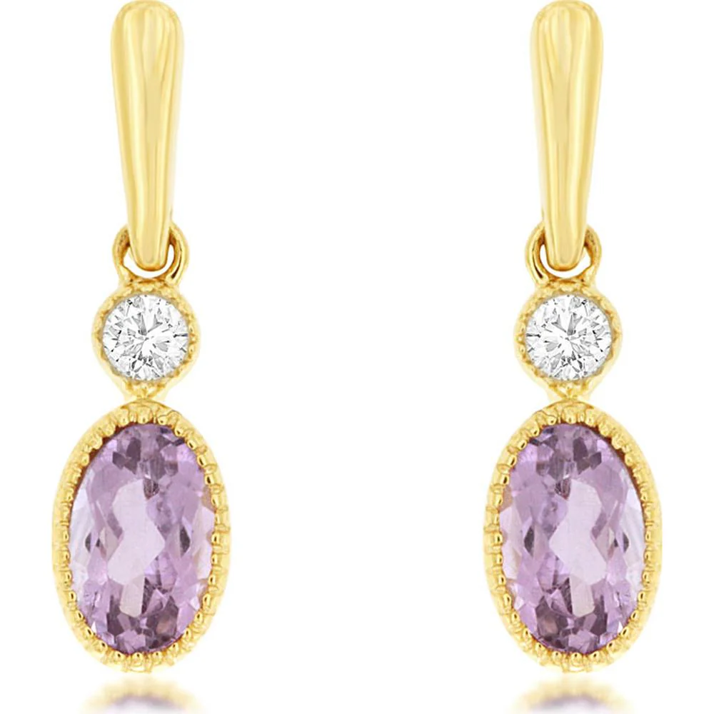 14K Yellow Gold Vintage-Style Drop Earrings with Oval Amethyst and Round Diamond Accent - 0.25 Carat Total Amethyst Weight, 0.05 Carat Total Diamond Weight - Royal Jewelry