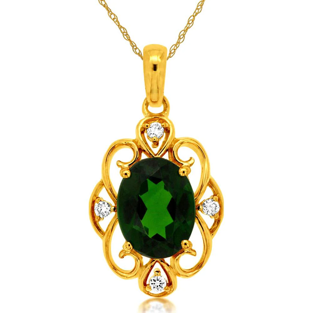 14K Yellow Gold Vintage Style Oval Russalite Pendant with Diamond Accents - 1.30 Carat Russalite, 0.04 Carat Total Diamond Weight - Royal Jewelry