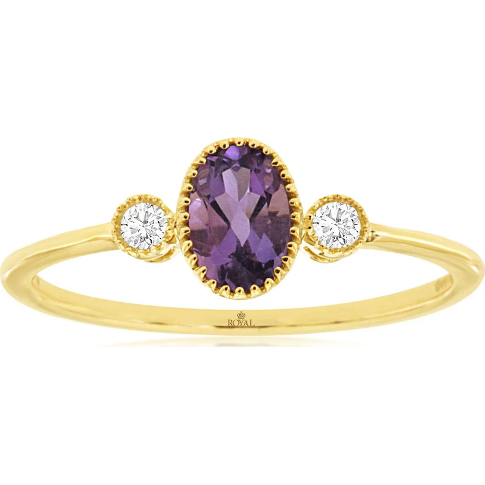 14K Yellow Gold Vintage-Style Three-Stone Ring with Oval Amethyst and Round Diamond Accents - 0.40 Carat Amethyst, 0.06 Carat Total Diamond Weight - Royal Jewelry