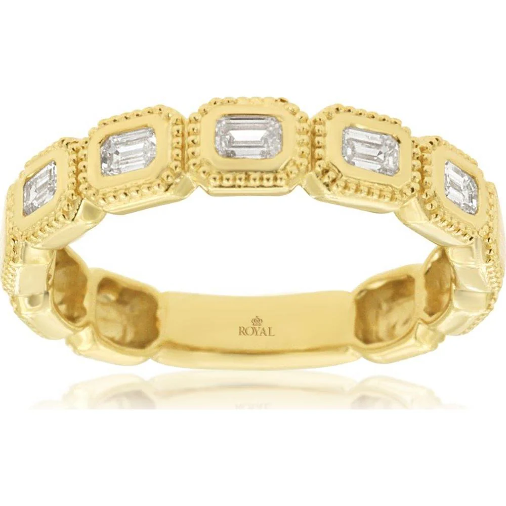14K Yellow Gold Wedding Band with Baguette Diamond Stations and Milgrain Detail - 0.40 Carat Total Diamond Weight - Royal Jewelry