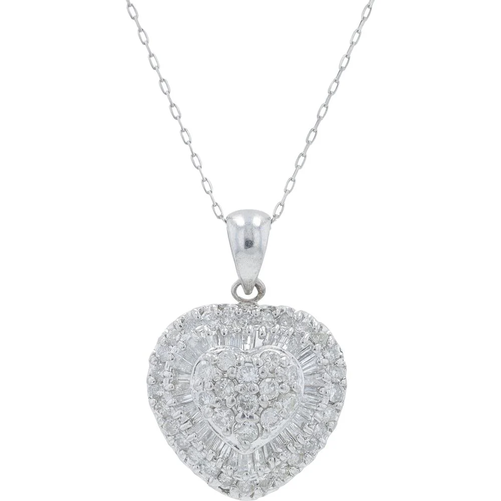18" Platinum Heart Pendant with 1.00 Carat Total Round and Baguette Diamonds