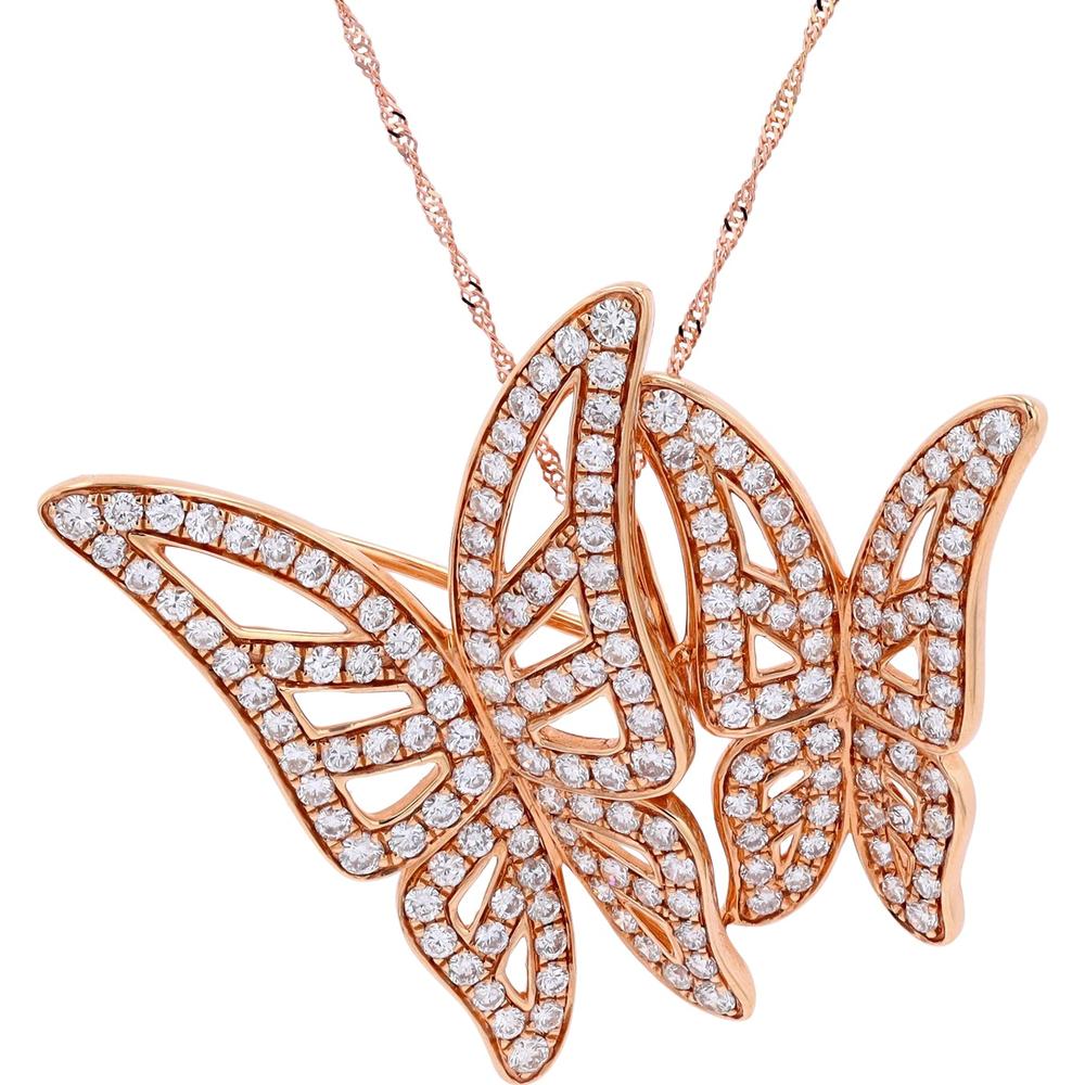 18K Rose Gold 2.38 Carat Total Weight Diamond Butterfly Pendant Necklace