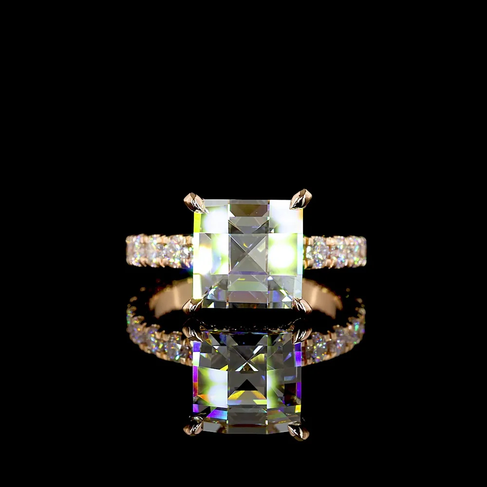 18K Rose Gold Antique Asscher Cut Hidden Halo Ring with Lab-Grown D VVS2 Diamond - 5.56 Carats Total Diamond Weight - Covaloro Fine Jewelry