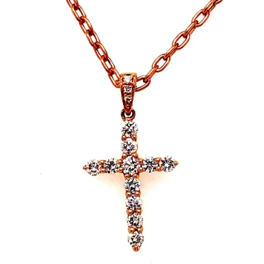18K Rose Gold Diamond Cross Pendant Necklace with Round Diamonds by Afarin