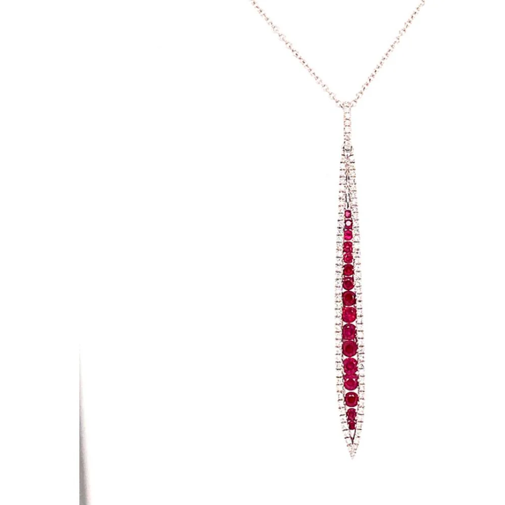 18K Rose Gold Elongated Drop Pendant with Round Rubies and Diamond Halo Accent by Afarin