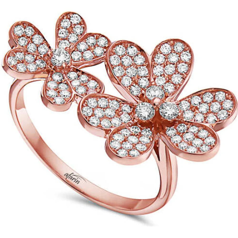 18K Rose Gold Floral Diamond Ring with Pavé Set Round Diamonds by Afarin
