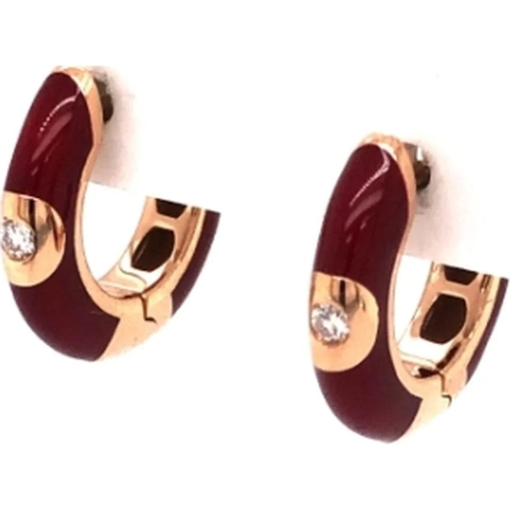 18K Rose Gold Huggie Earrings with Burgundy Enamel and Round Diamond Accents by Afarin