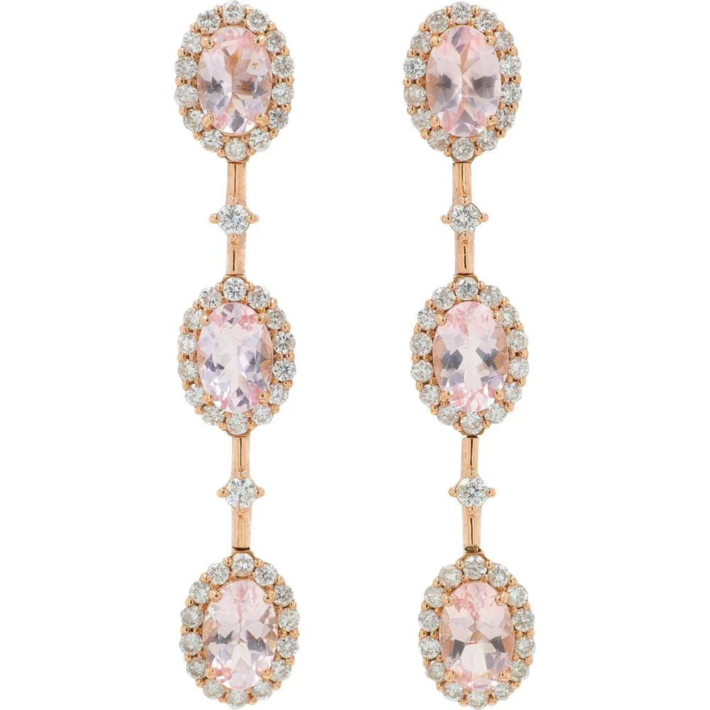 18K Rose Gold Morganite Dangle Earrings with Diamond Halos - 2.40 Carat Total Morganite Weight