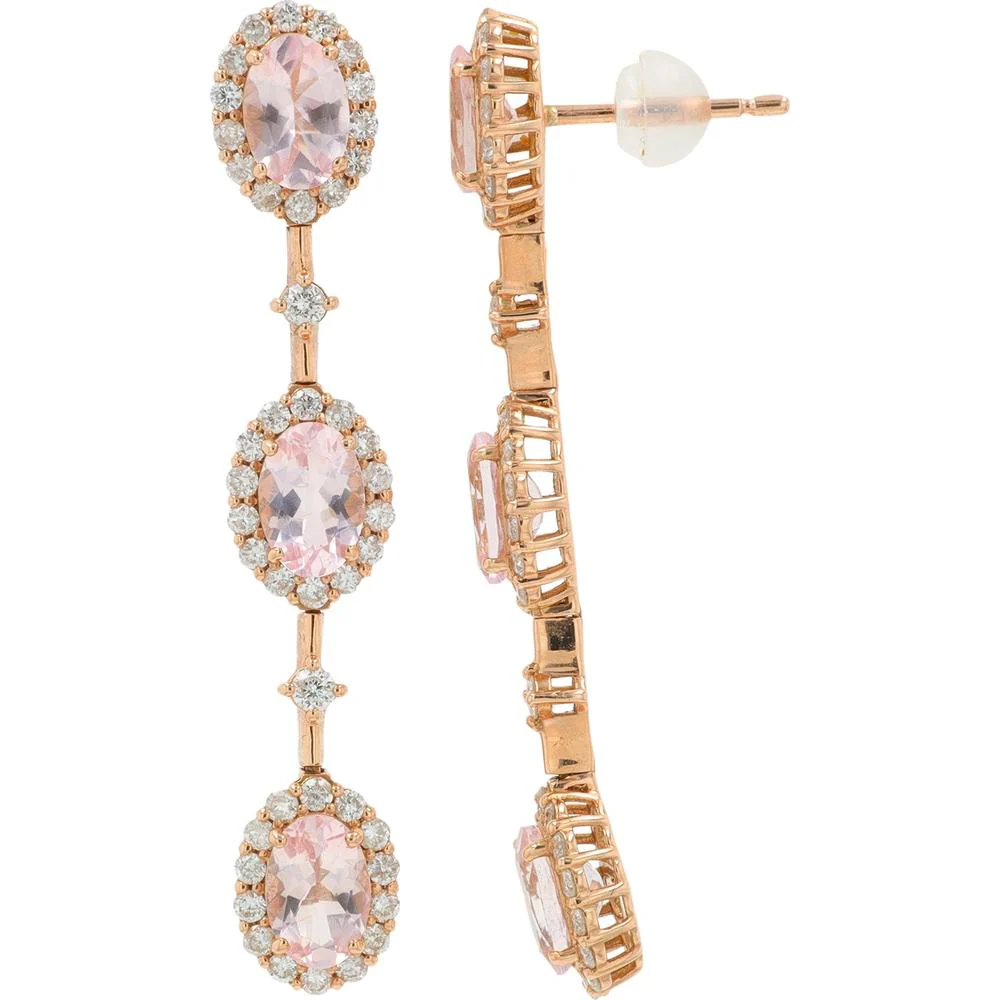 18K Rose Gold Morganite Dangle Earrings with Diamond Halos - 2.40 Carat Total Morganite Weight - Image 2