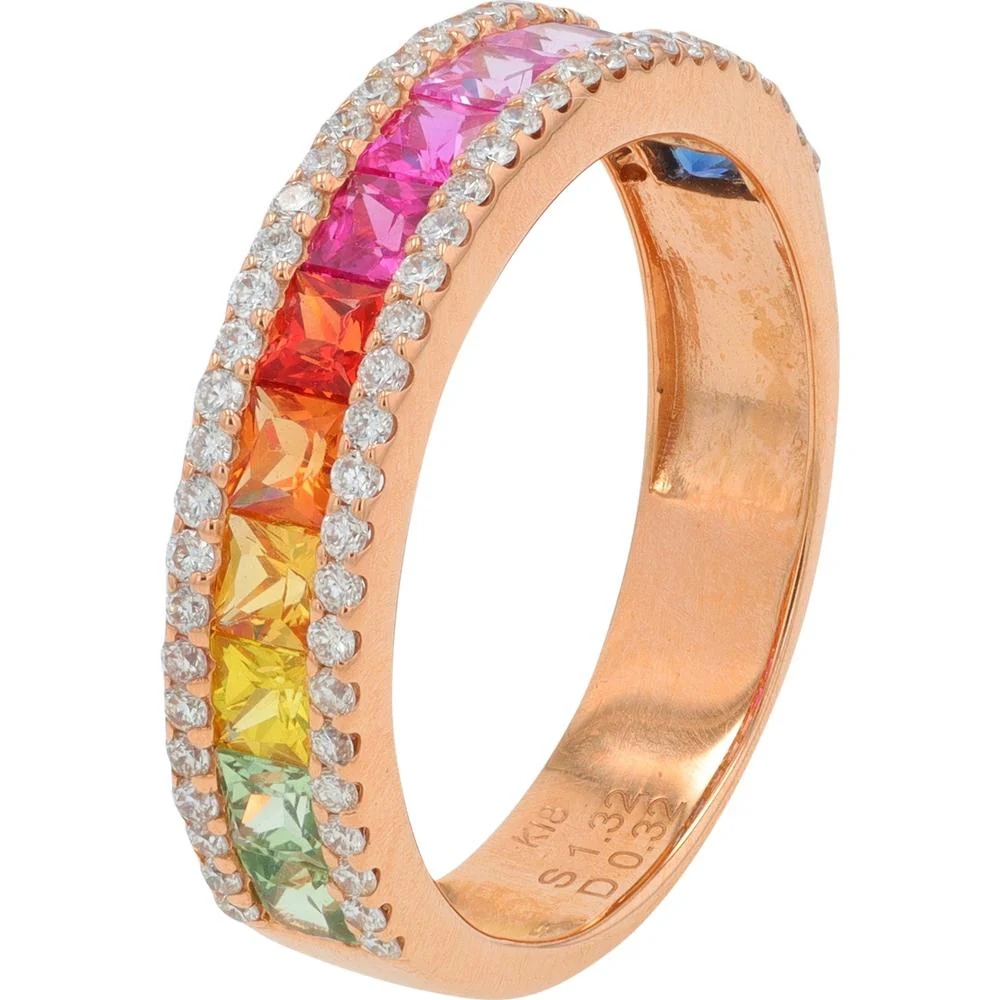 18K Rose Gold Multicolor Sapphire Band with Square - Cut Sapphires and 0.32 Carat Diamond Accents - 1.32 Carat Total Gem Weight
