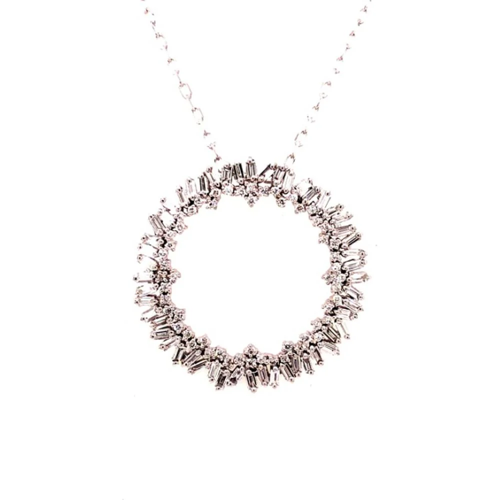 18K Rose Gold Open Circle Diamond Pendant Necklace with Baguette and Round Diamonds by Afarin