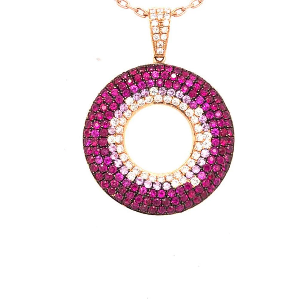 18K Rose Gold Open Circle Pendant with Pink Sapphires and Diamonds by Afarin