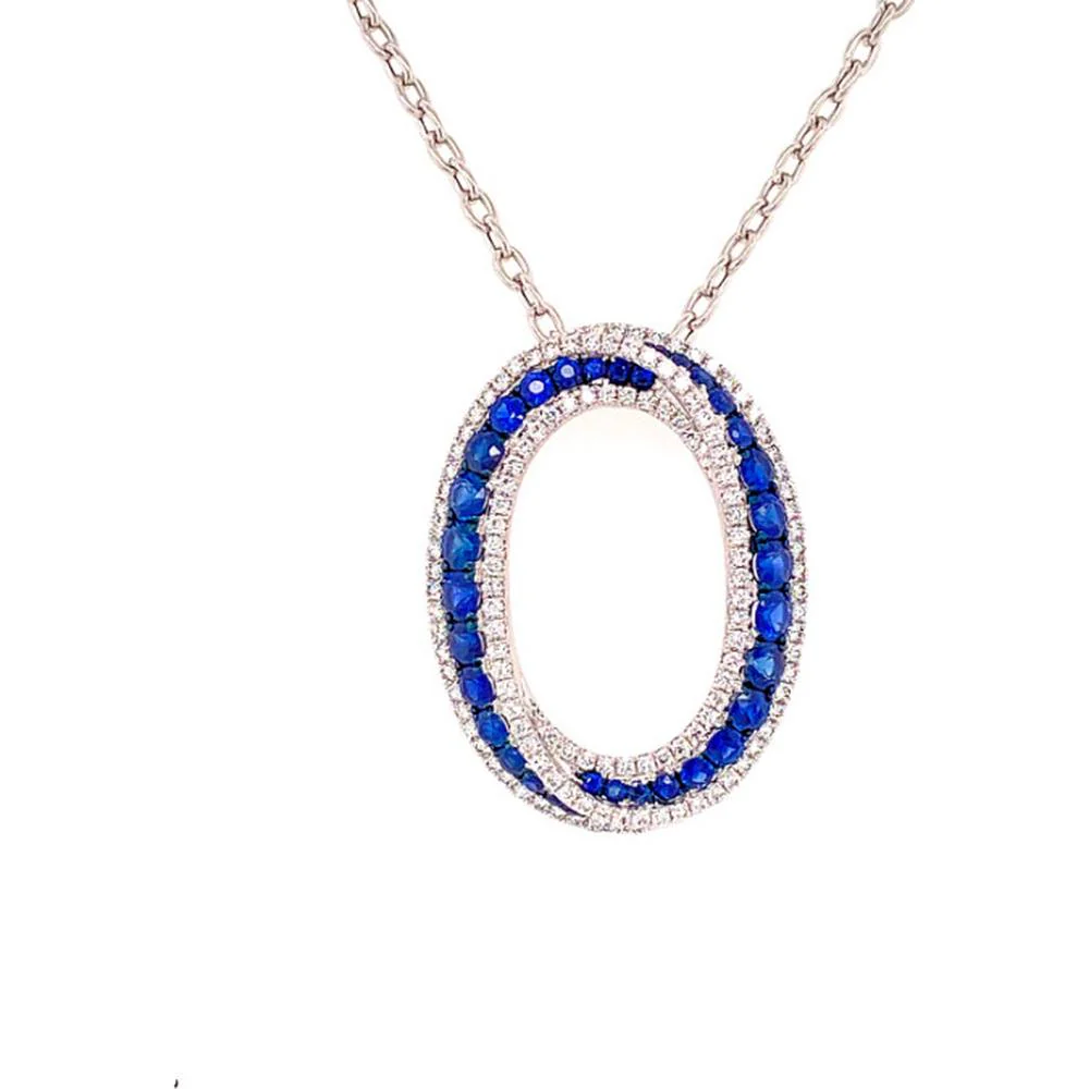 18K Rose Gold Open Oval Pendant with Blue Sapphires and Diamond Halo Accents by Afarin