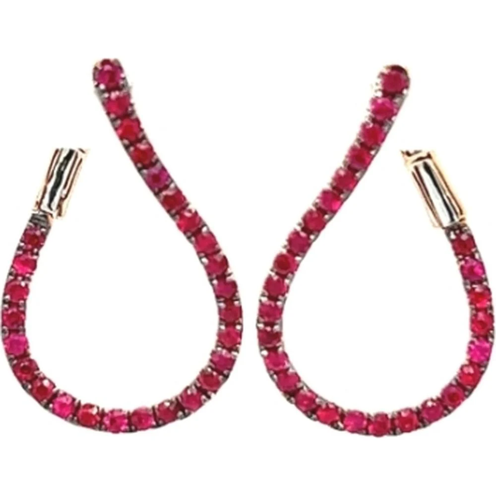 18K Rose Gold Open Teardrop Drop Earrings with Round Rubies by Afarin