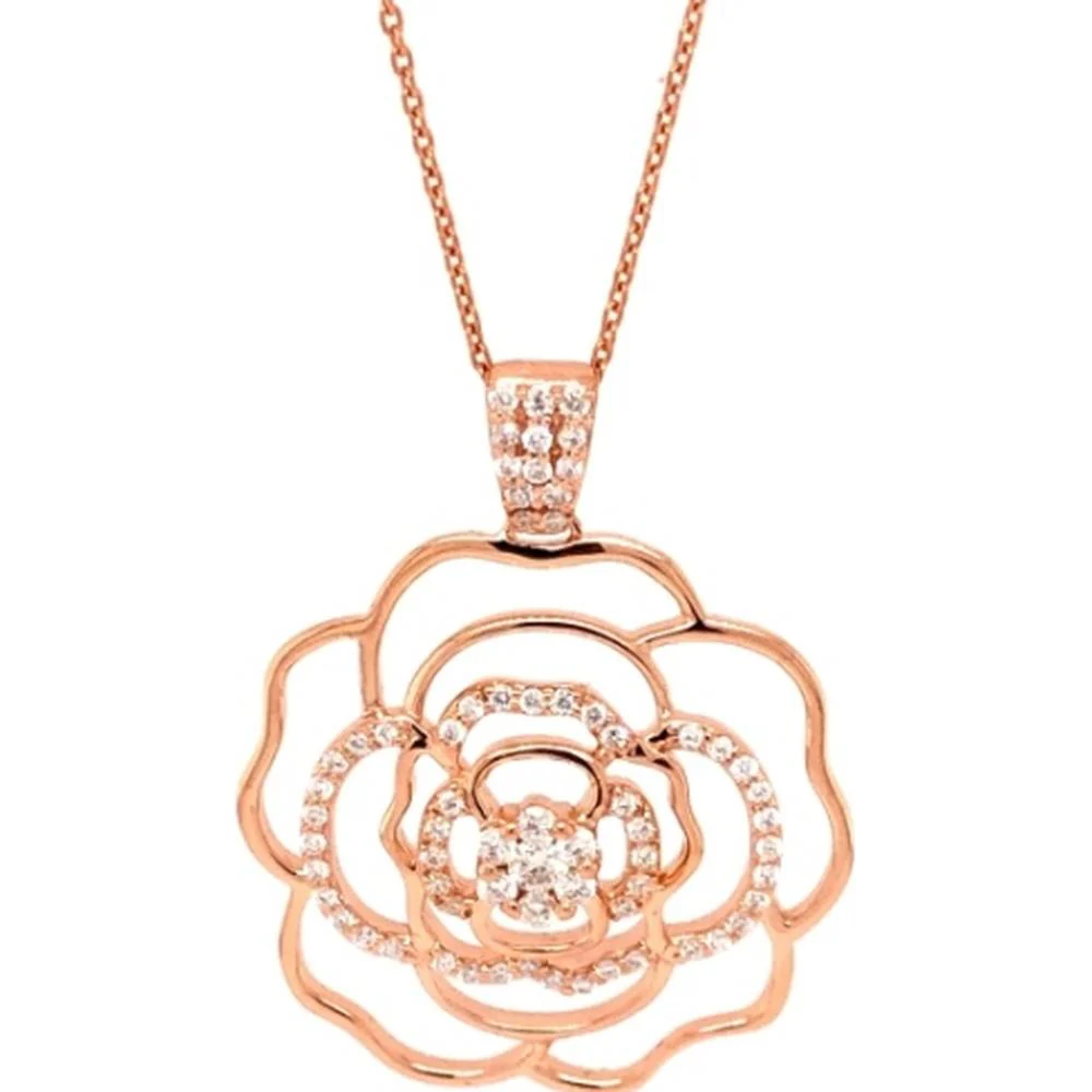 18K Rose Gold Openwork Flower Pendant Necklace with Round Diamonds by Afarin