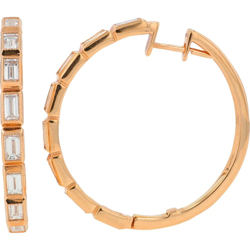 18K Rose Gold Penny Preville Medium Hoop Earrings with 1.47 Carat Total Baguette Diamonds