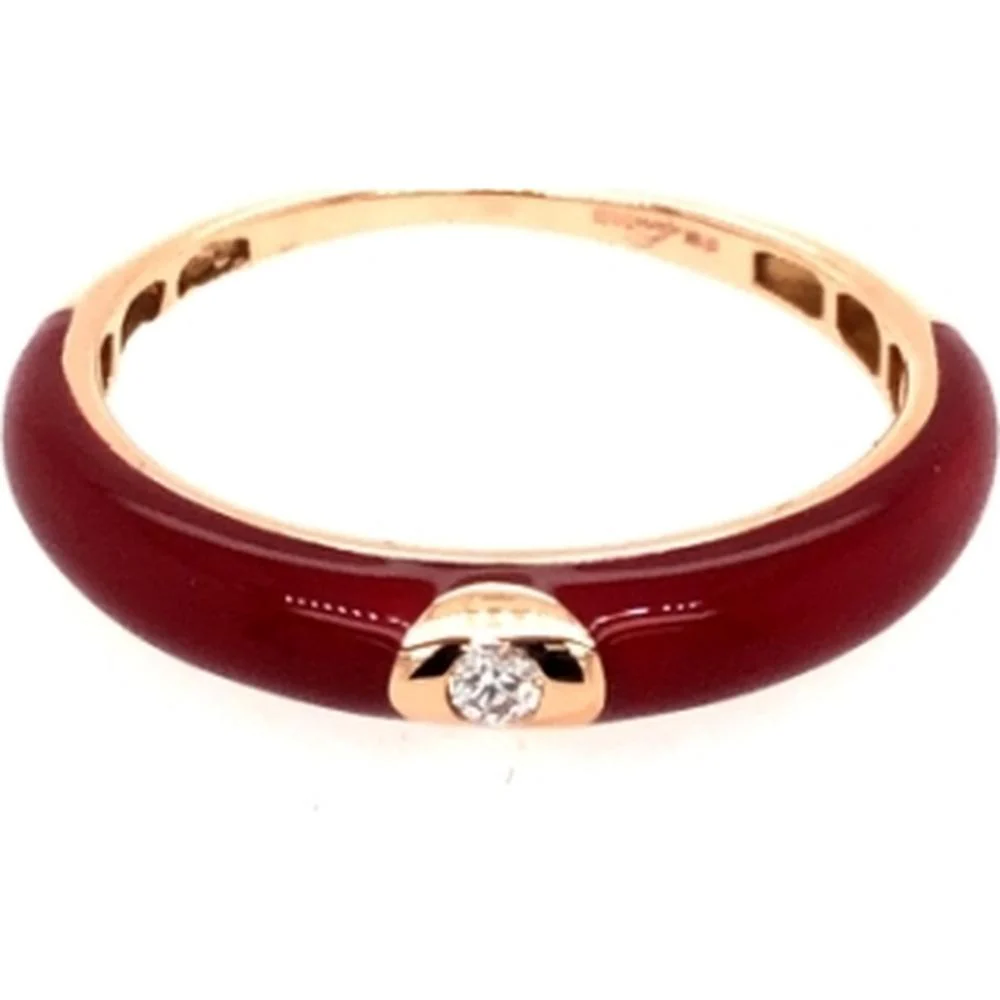 18K Rose Gold Red Enamel Band Ring with Round Diamond Accent by Afarin