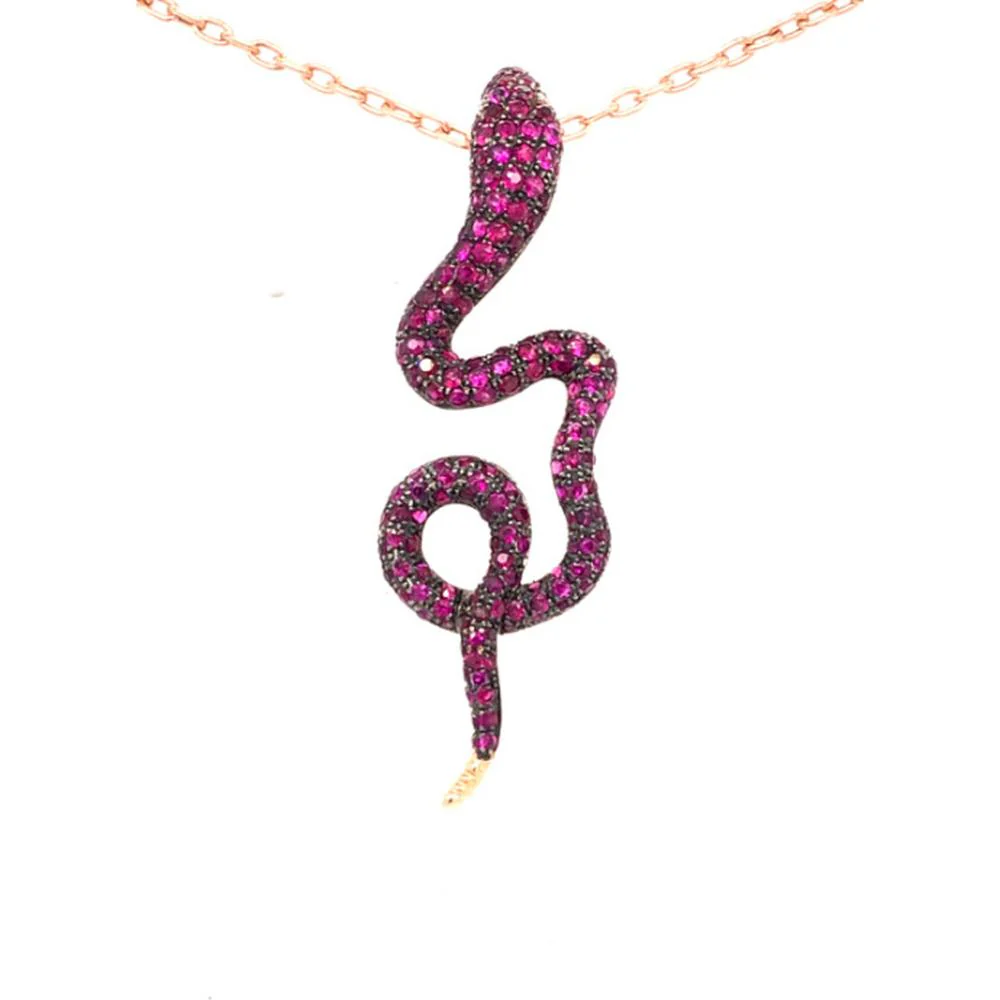 18K Rose Gold Snake Pendant Necklace with Pink Sapphires and Diamonds by Afarin
