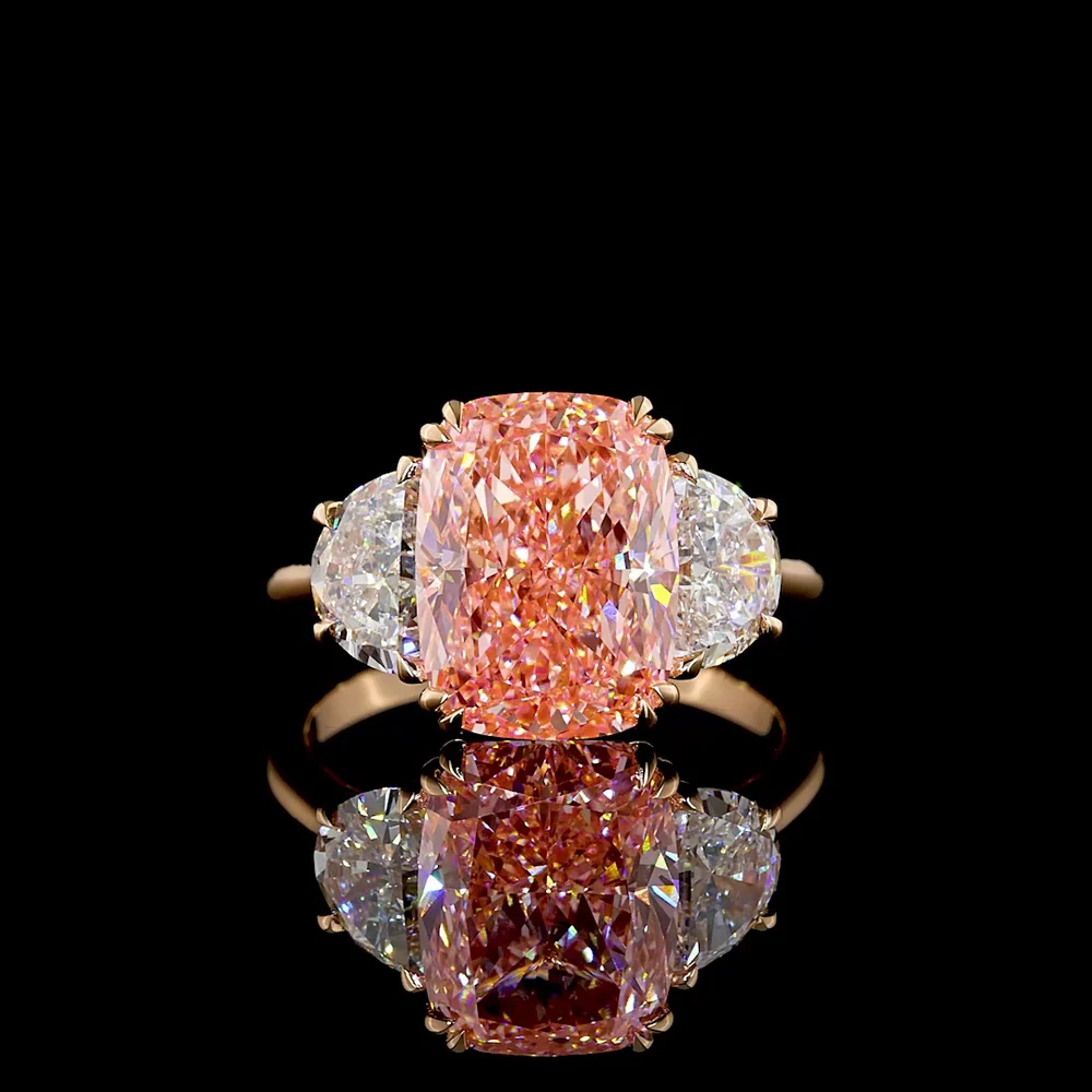 18K Rose Gold Three-Stone Ring with 5.02 Carat Cushion Brilliant Fancy Vivid Pink Lab Diamond and Half-Moon Side Diamonds - 6.19 Carat Total Weight - Covaloro Fine Jewelry
