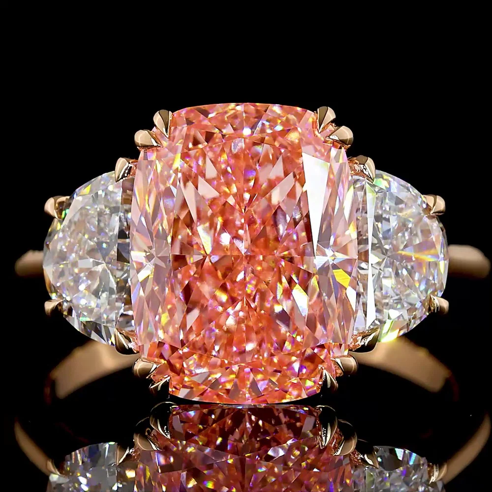18K Rose Gold Three-Stone Ring with 5.02 Carat Cushion Brilliant Fancy Vivid Pink Lab Diamond and Half-Moon Side Diamonds - 6.19 Carat Total Weight - Covaloro Fine Jewelry - Image 2