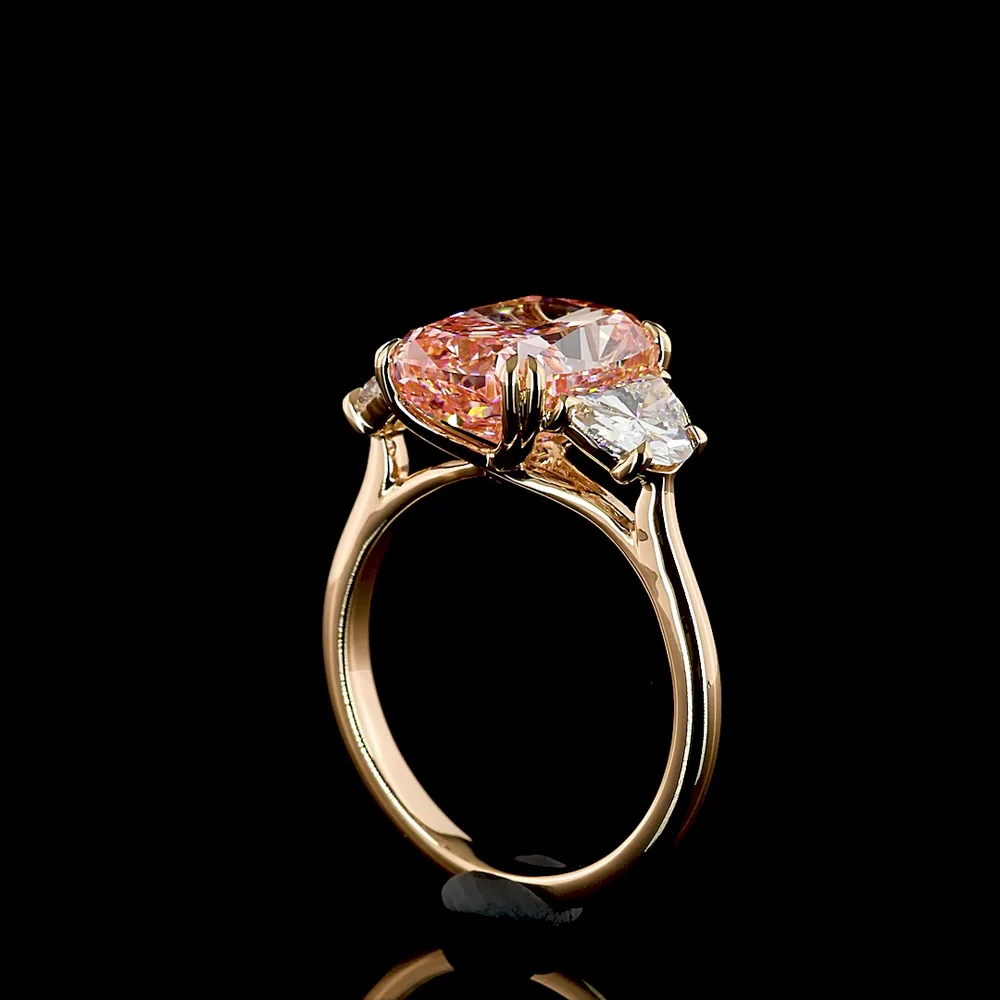 18K Rose Gold Three-Stone Ring with 5.02 Carat Cushion Brilliant Fancy Vivid Pink Lab Diamond and Half-Moon Side Diamonds - 6.19 Carat Total Weight - Covaloro Fine Jewelry - Image 3