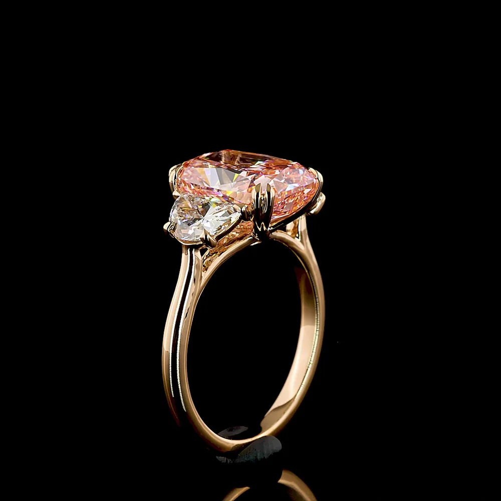 18K Rose Gold Three-Stone Ring with 5.02 Carat Cushion Brilliant Fancy Vivid Pink Lab Diamond and Half-Moon Side Diamonds - 6.19 Carat Total Weight - Covaloro Fine Jewelry - Image 4