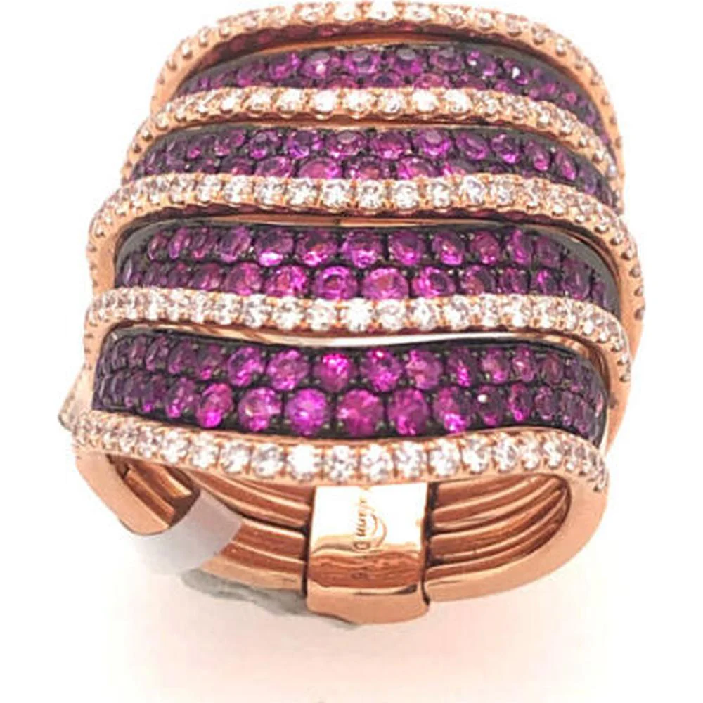 18K Rose Gold Wide Statement Ring with Round Pink Sapphires and Diamond Accents by Afarin