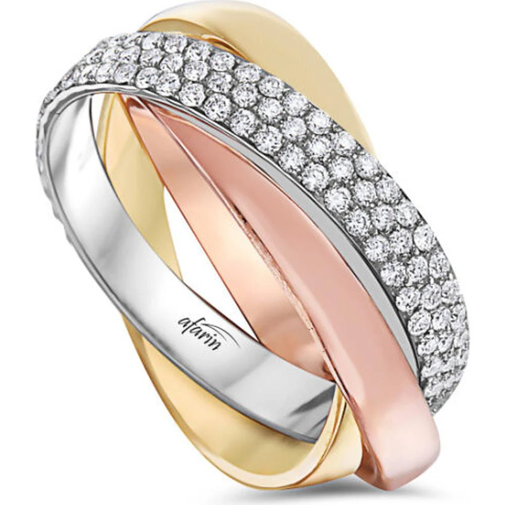 18K Tri-Tone Gold Crossover Ring with Pavé Set Round Diamonds by Afarin