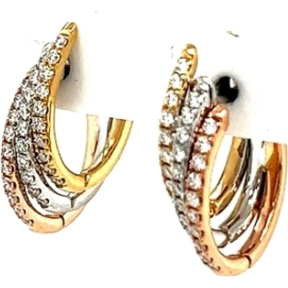 18K Tri-Tone Gold Huggie Earrings with Pavé Set Diamonds by Afarin