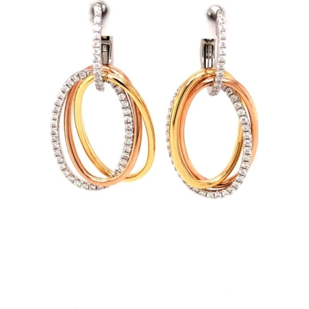 18K Tri-Tone Gold Interlocking Oval Drop Earrings with Diamond Accents by Afarin