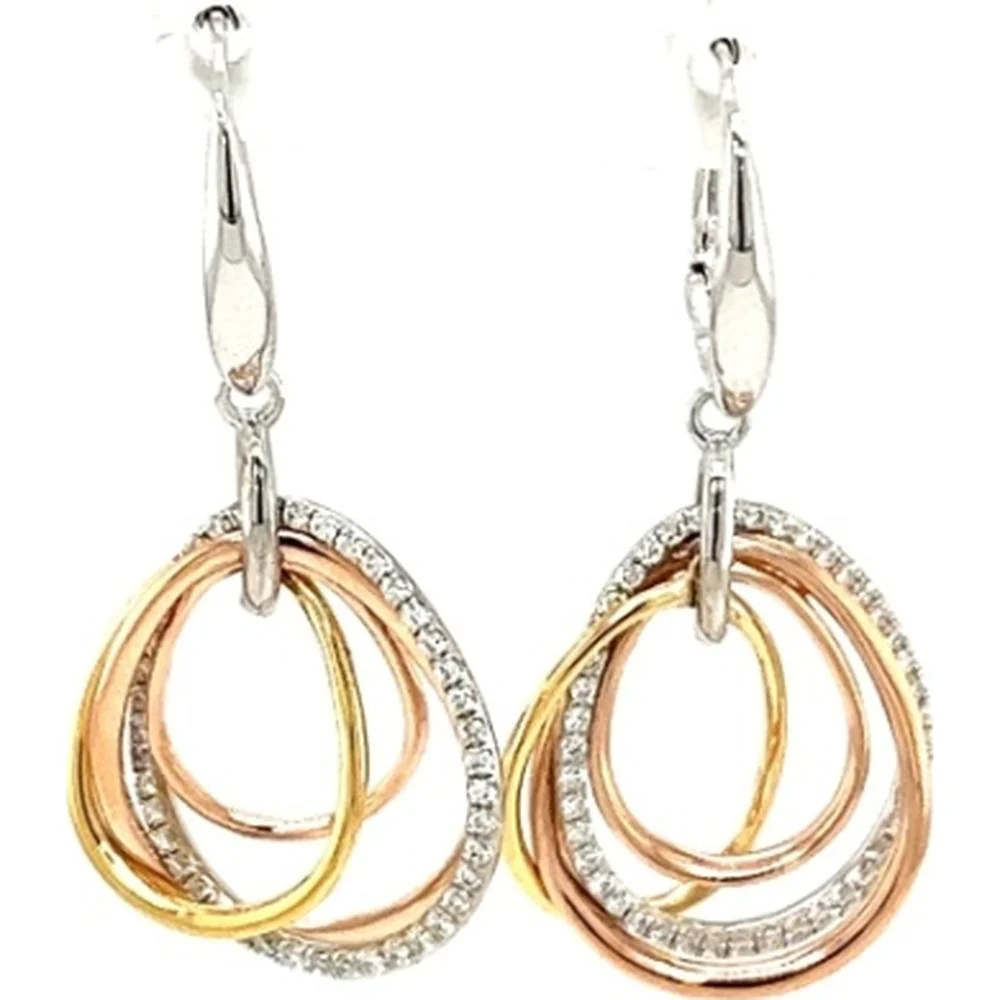18K Tri-Tone Gold Interlocking Oval Drop Earrings with Diamond Accents by Afarin