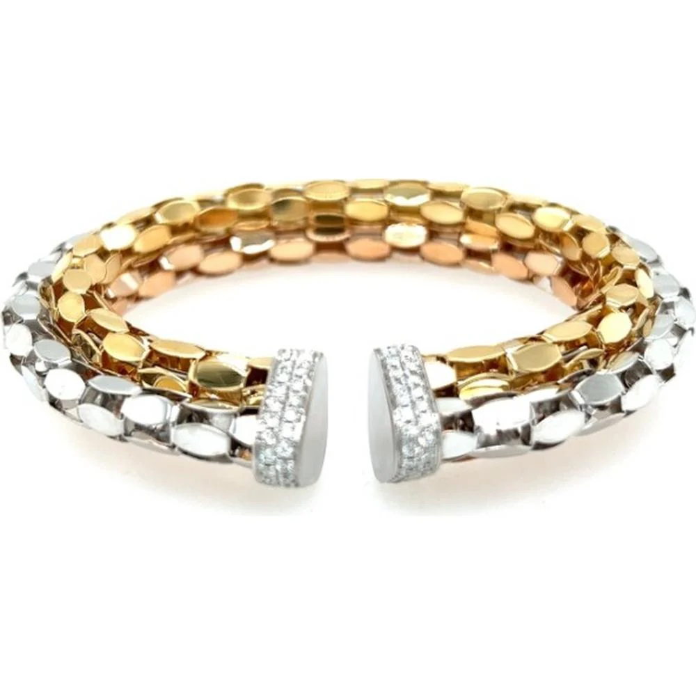 18K Tri-Tone Gold Open Bangle Bracelet with Diamond Accents by Afarin