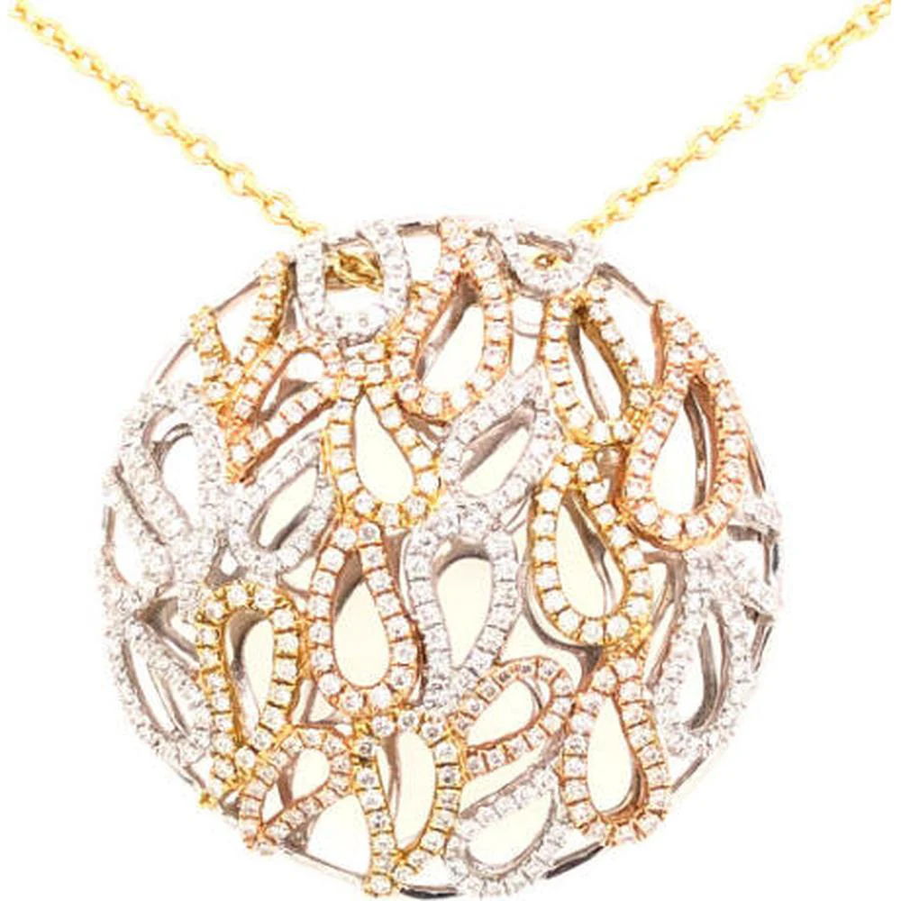 18K Tri-Tone Gold Openwork Round Diamond Pendant Necklace by Afarin