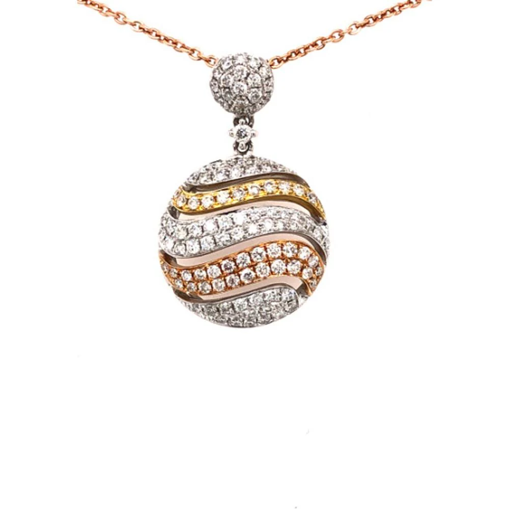 18K Tri-Tone Gold Round Diamond Pendant Necklace with Wave Design by Afarin