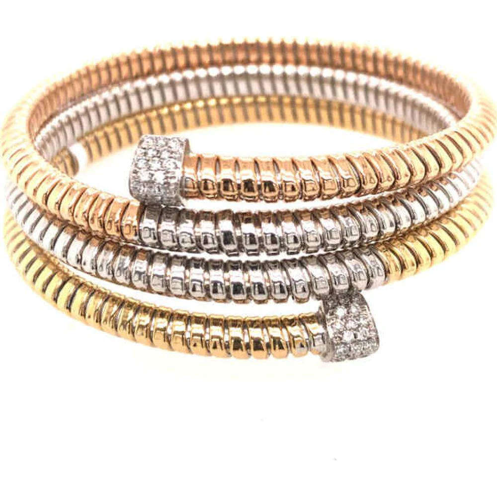 18K Tri-Tone Gold Wrap Bangle with Diamond Accent Ends by Afarin