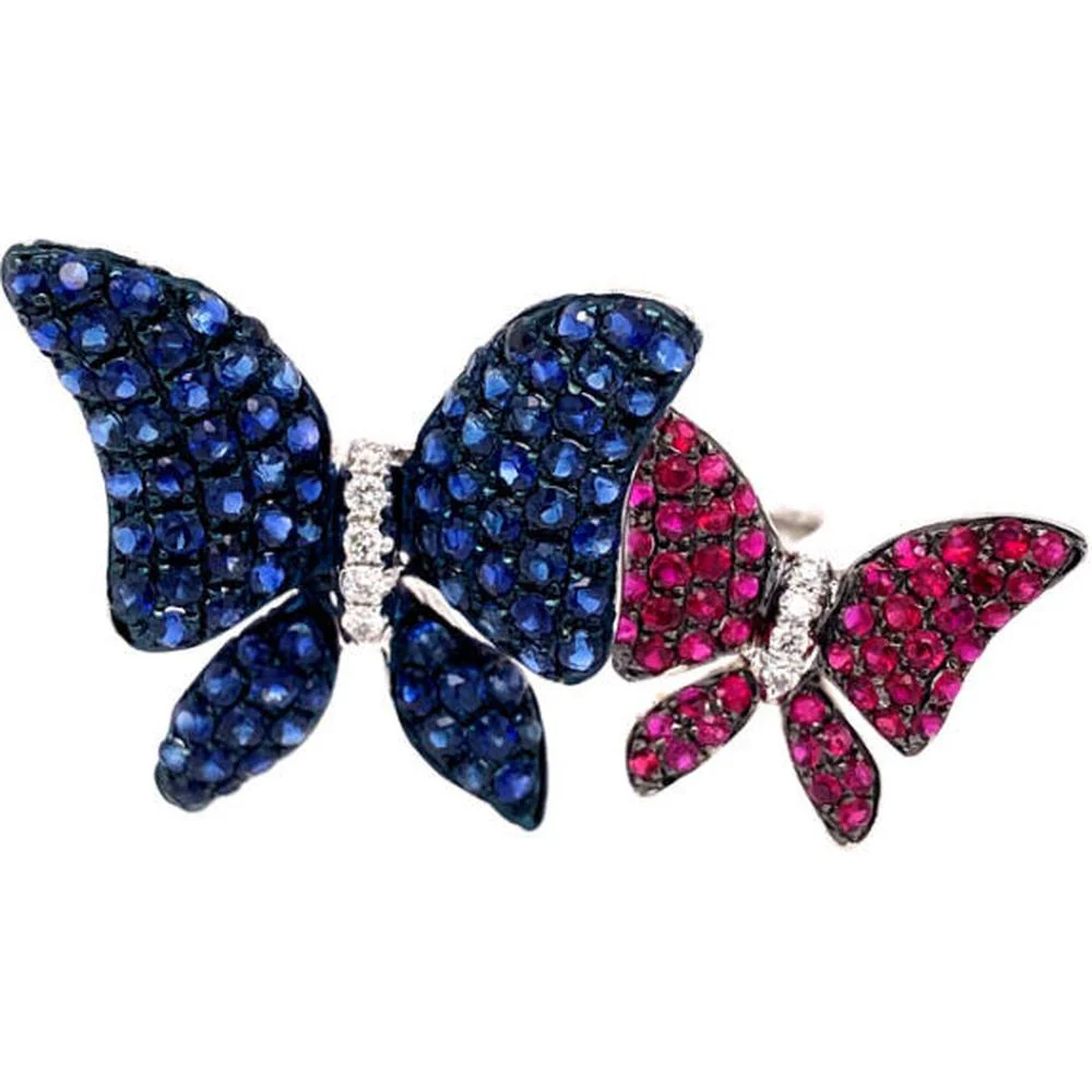 18K Two-Tone Gold Butterfly Ring with Blue and Pink Sapphires and Diamond Accents by Afarin