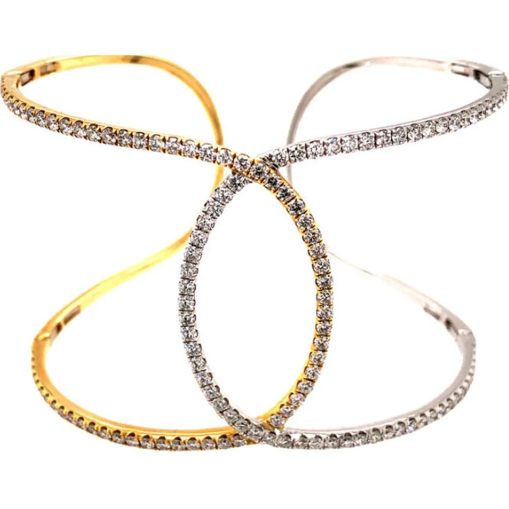 18K Two-Tone Gold Crossover Diamond Bangle Bracelet with Round Diamonds by Afarin