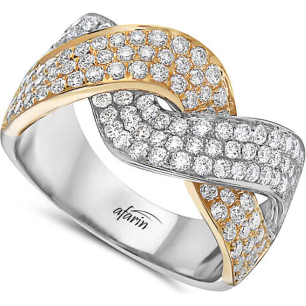 18K Two-Tone Gold Crossover Ring with Pavé Set Round Diamonds by Afarin
