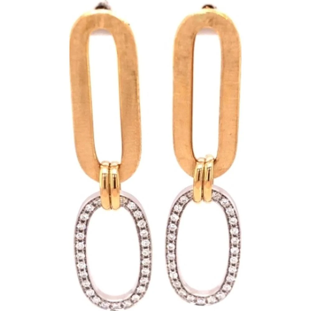 18K Two-Tone Gold Open Link Drop Earrings with Diamond Oval Drops by Afarin