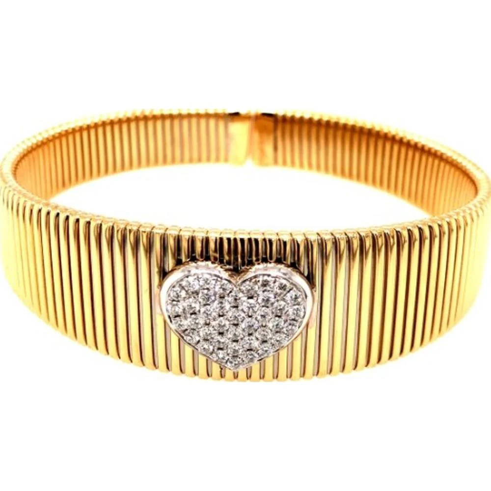 18K Two-Tone Gold Ribbed Bangle Bracelet with Heart-Shaped Diamond Motif by Afarin
