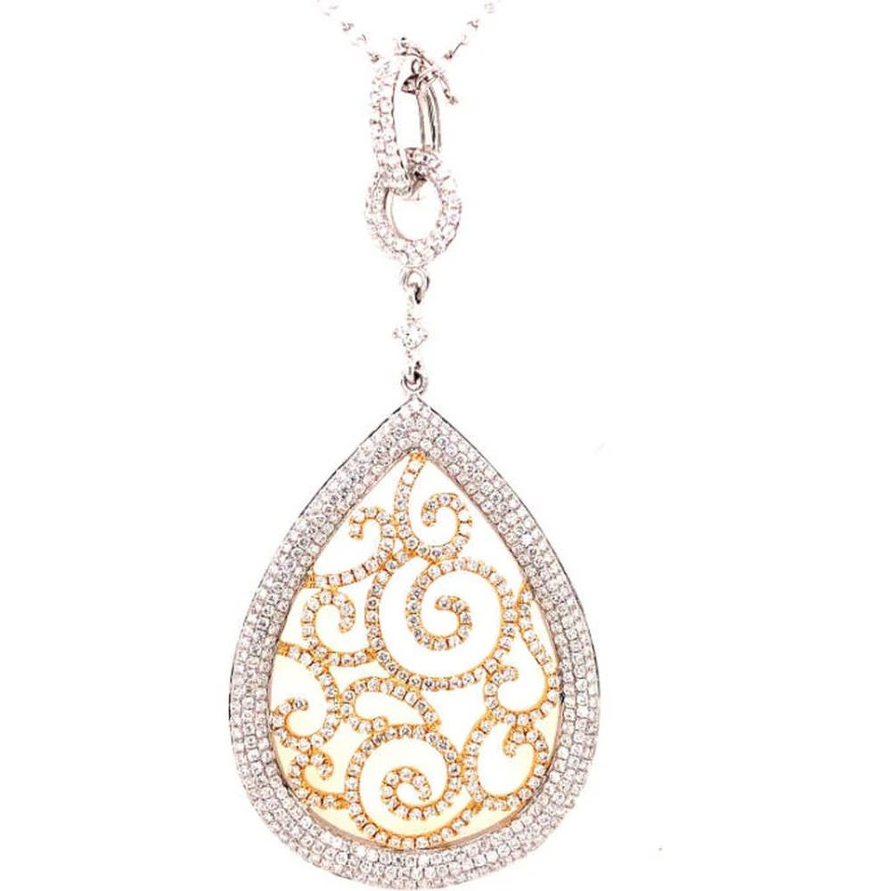 18K Two-Tone Gold Teardrop Pendant with Diamond Border and Diamond Accented Scrollwork by Afarin
