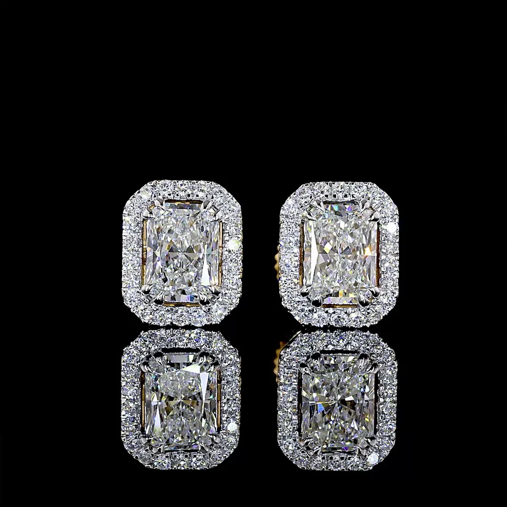 18K Two Tone Radiant Cut Lab Diamond Halo Stud Earrings with E VS Clarity - 1.31 Carat Total Diamond Weight - Covaloro Fine Jewelry