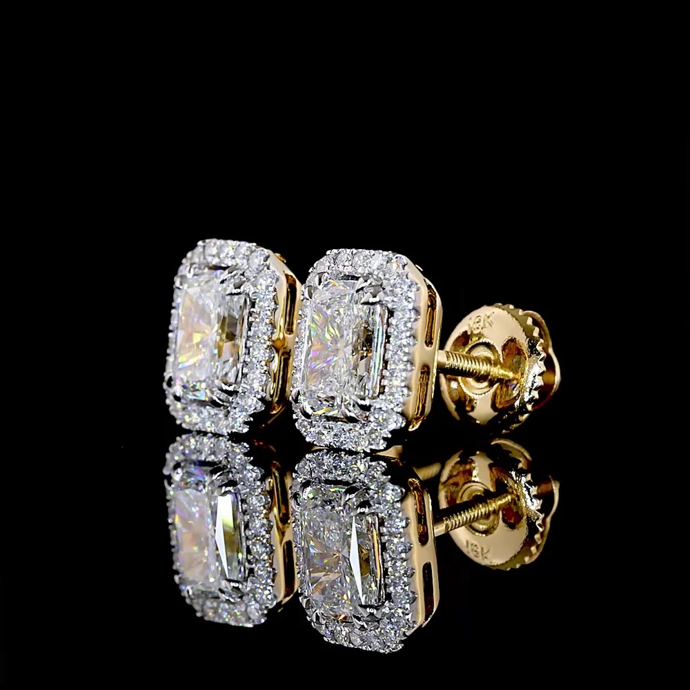 18K Two Tone Radiant Cut Lab Diamond Halo Stud Earrings with E VS Clarity - 1.31 Carat Total Diamond Weight - Covaloro Fine Jewelry - Image 3