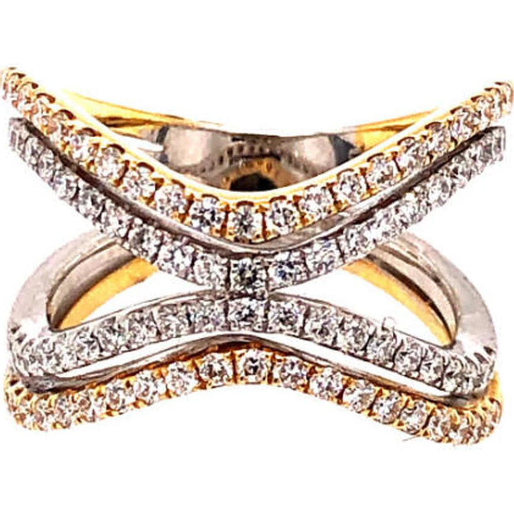 18K Two-Tone Yellow and White Gold Crisscross Diamond Ring with Pavé Set Round Diamonds by Afarin