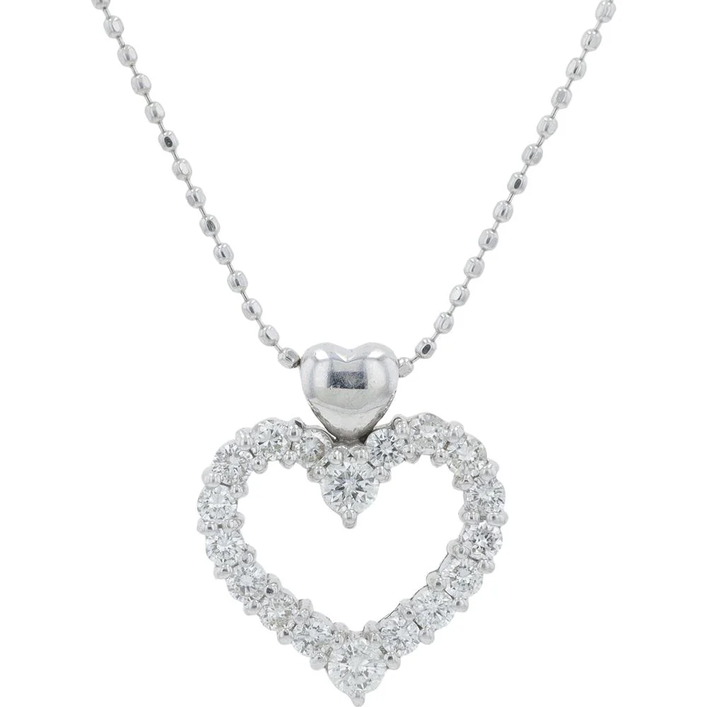 18K White Gold 0.50 Carat Total Diamond Open Heart Pendant Necklace - Prong Set Round Diamonds