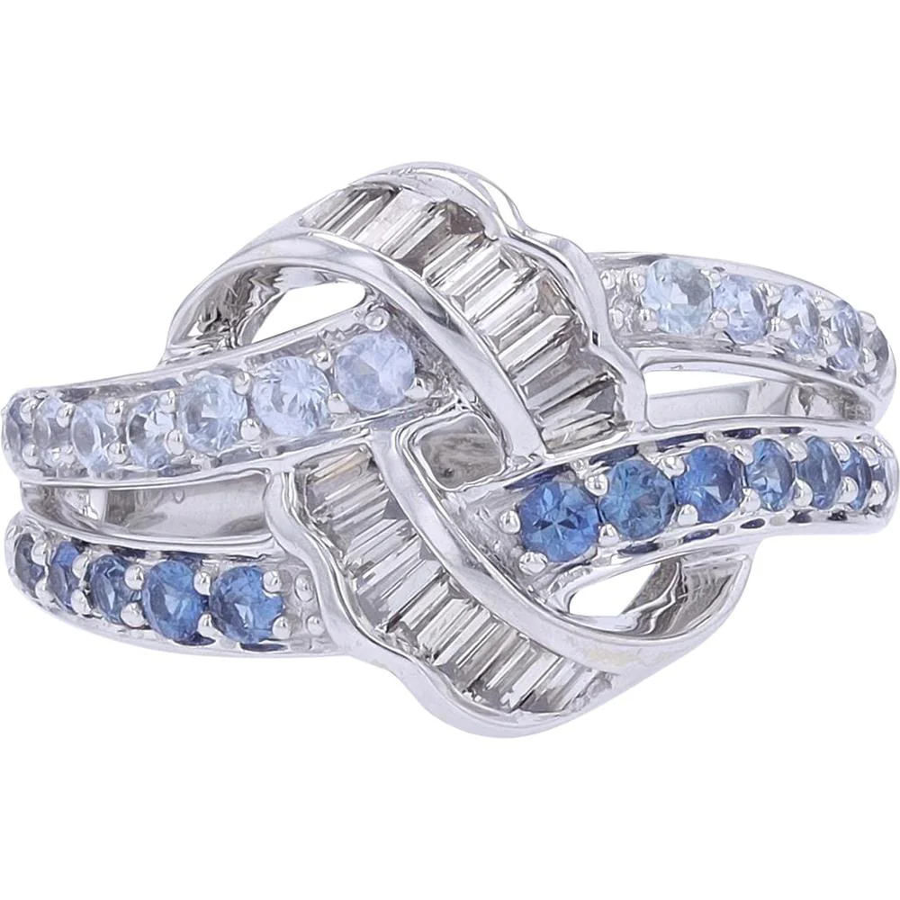 18K White Gold 0.60 Carat Sapphire and 0.33 Carat Baguette Diamond Interlocking Crossover Ring