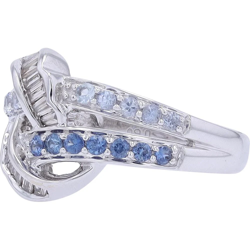 18K White Gold 0.60 Carat Sapphire and 0.33 Carat Baguette Diamond Interlocking Crossover Ring - Image 2