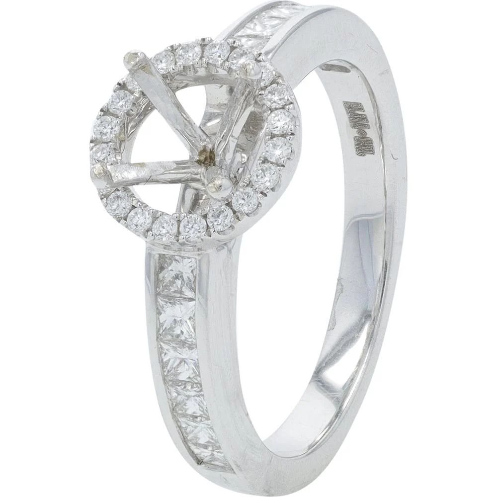 18K White Gold 0.64 Carat Diamond Halo Semi - Mount Ring with Channel - Set Princess Cut Diamonds