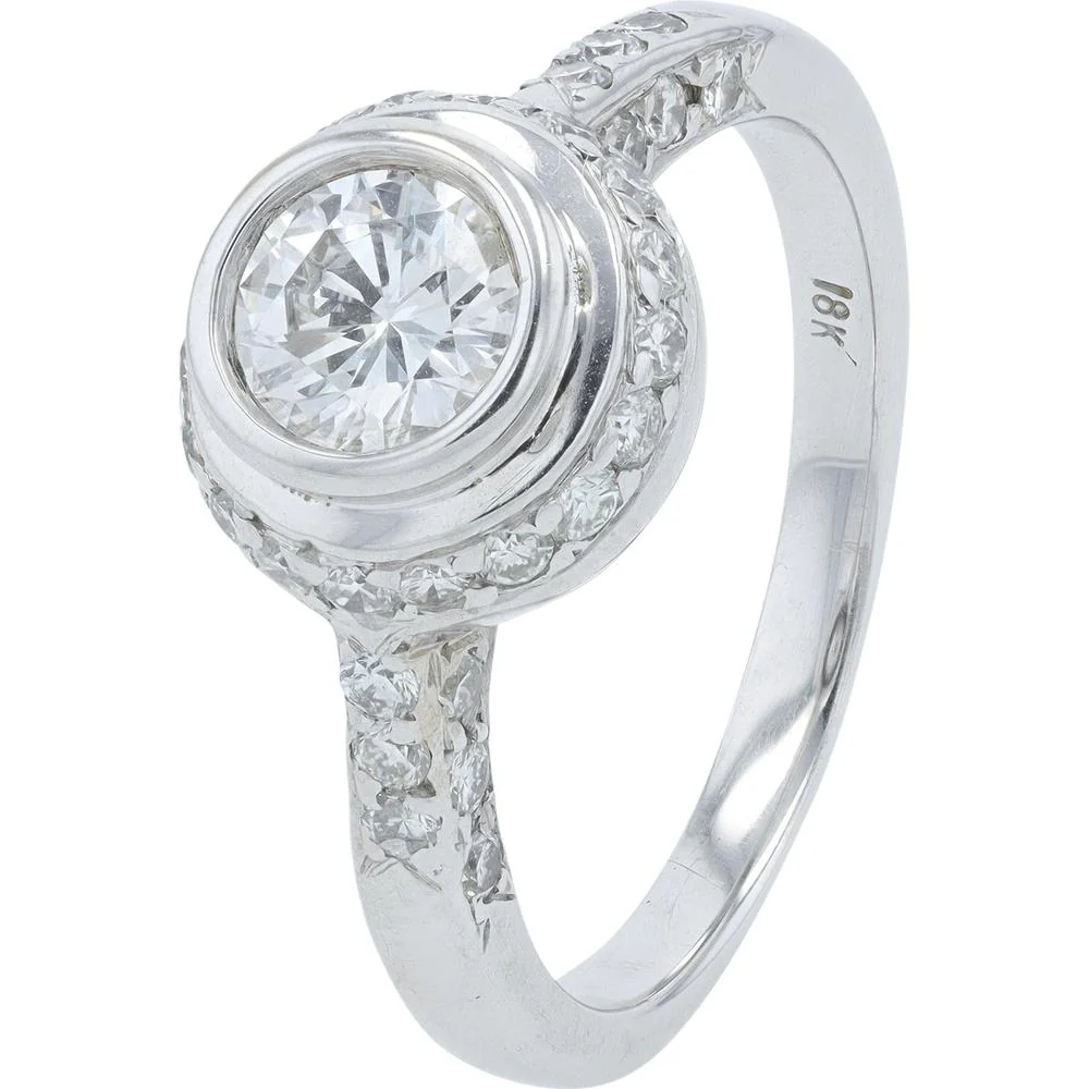 18K White Gold 0.75 Carat Round Brilliant Cut Diamond Engagement Ring with 0.50 Carat Accent Diamonds - 1.25 Carat Total Diamond Weight
