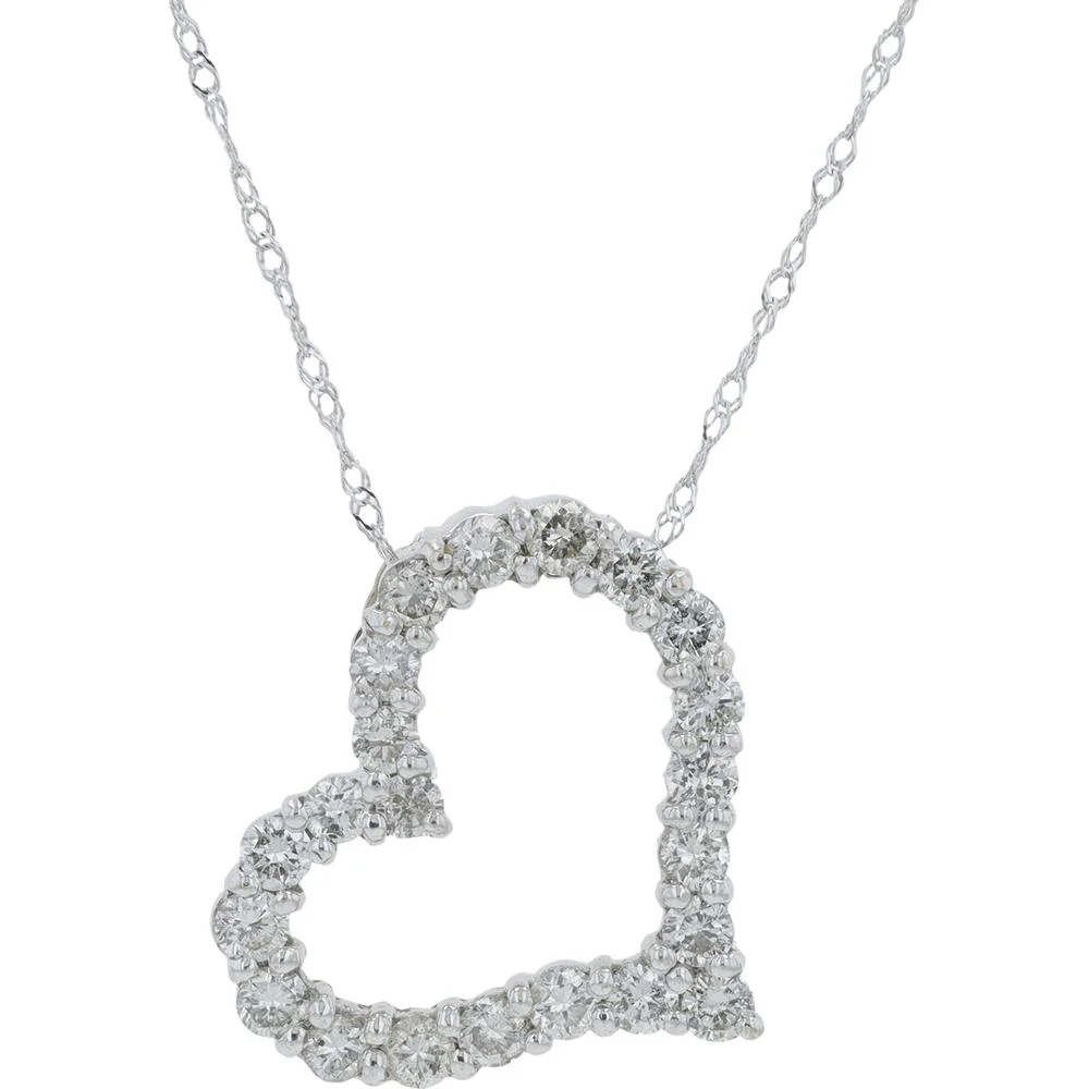 18K White Gold 1.00 Carat Diamond Open Heart Pendant Necklace - 18" Chain